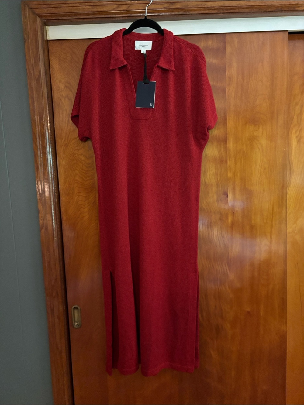 Pomander Place Deep Red Knit Polo Midi Dress